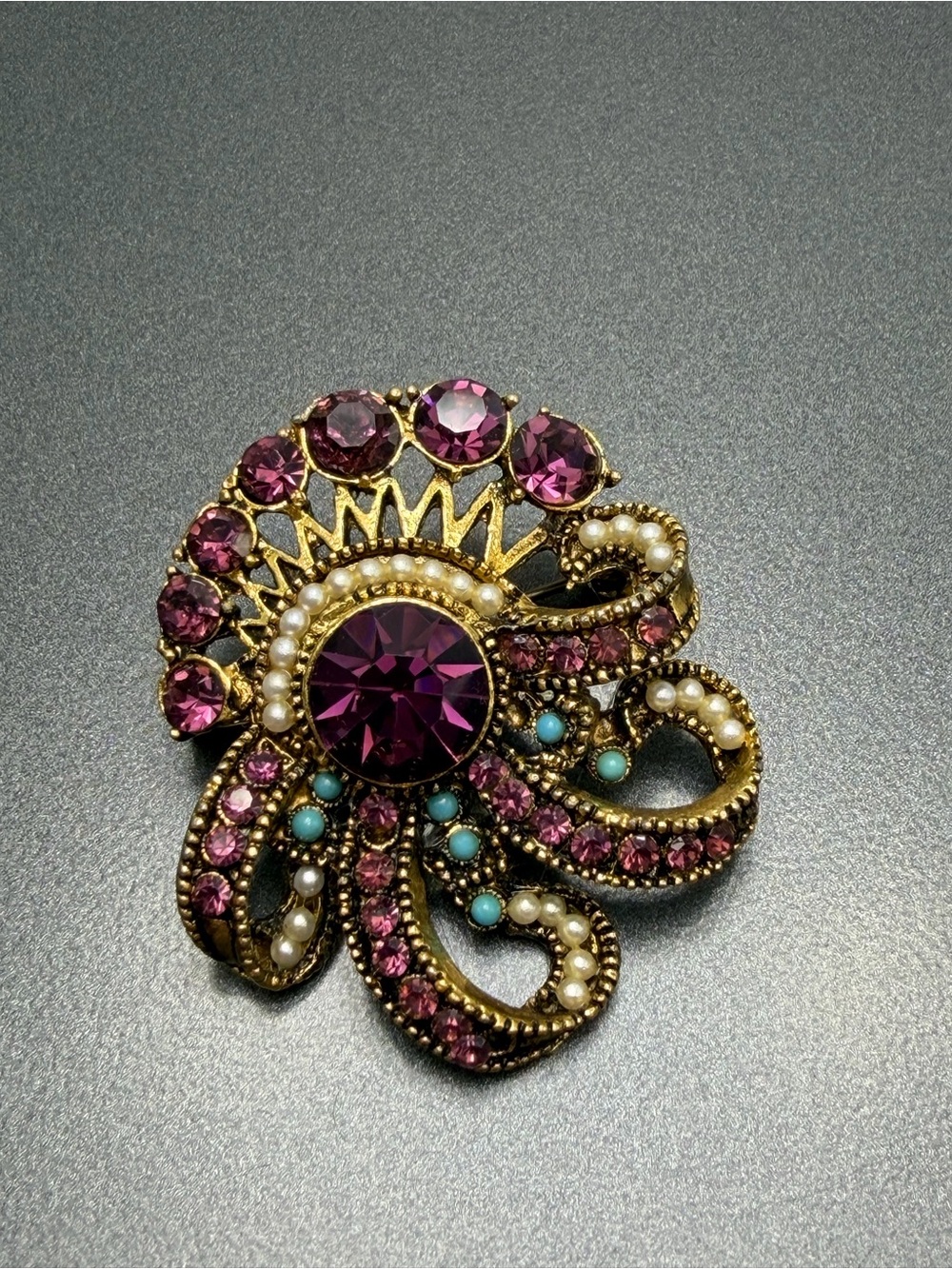 Vintage Purple Crystal & Pearl Flower Brooch #cz186